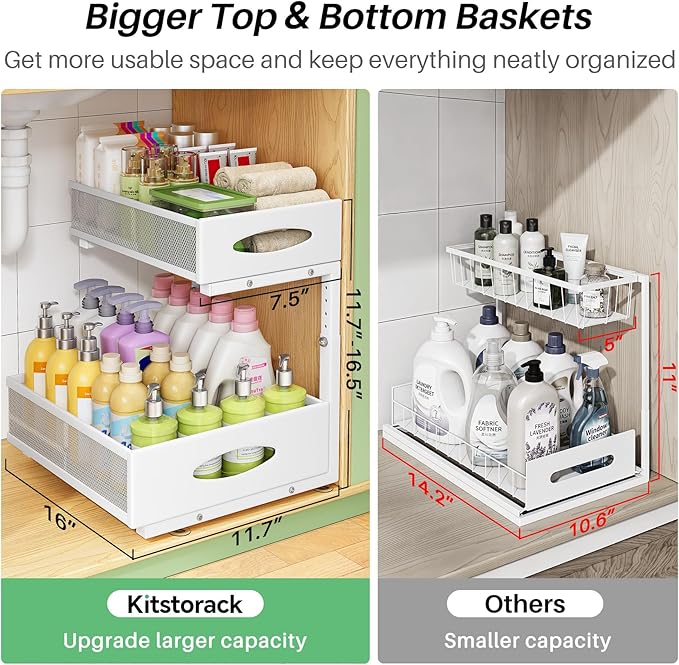 Under Sink Organizer, 2-Pack Pull Out Cabinet Organizer 2 Tier Metal Slide Out Storage Shelf Rack, L-Shaped Adjustable Height,Mesh Sliding Drawer for Kitchen, Bathroom, Laundry, Pantry, White, XL - Image 3