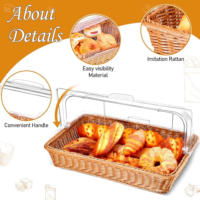 2 Set Wicker Bread Baskets for Serving with Clear Acrylic Roll Top Lid Woven Rattan Bread Basket Large for Fruit Food Picnic Summer Pool Party Outdoor BBQ(21.06 x 12.6 Inch,1 Compartment) - Image 3