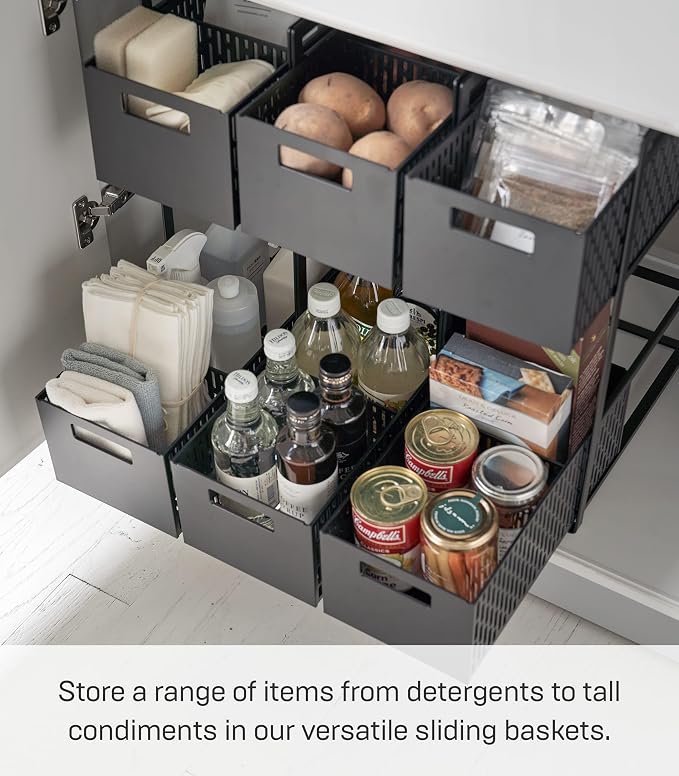 YAMAZAKI Home 2-Tier Storage Basket, Under-Sink Storage, ABS Plastic, Black | Two-tier sliding baskets organizer rack designed for pantry or under-sink storage. Sturdy organization. - Image 3