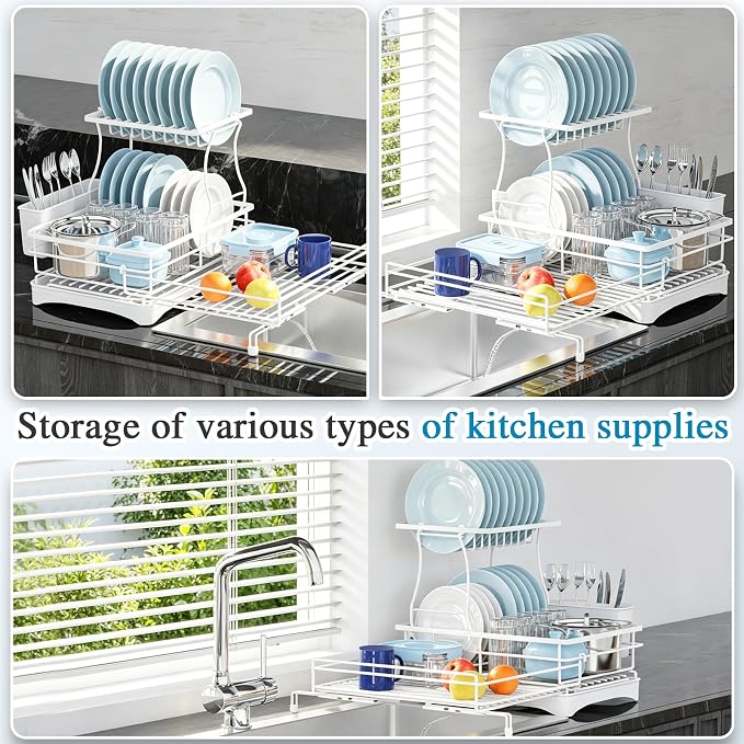 2 Tier Dish Drying Rack, Large Extendable Dish Racks for Kitchen Counter , Dishrack with Drainboard, 2-in-1 Anti-Rust Stainless Steel Dish Drainer with Utensil Holder (White, double of Dish Rack) - Image 3