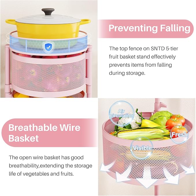 SNTD Fruit and Vegetable Basket Bowls for Kitchen with Metal Top Lid, 5 Tier Rotating Storage Rack Cart for Potato Onion Bread Banana, Wire Basket Organizer on Wheels, Large, Pink - Image 4