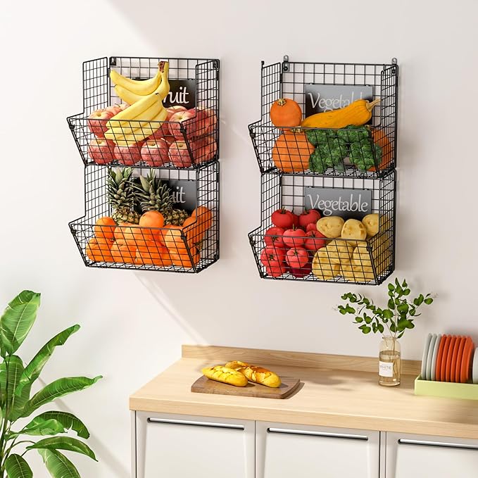 X-cosrack Metal Wire Basket Wall Mount, 4 Tier Extra Large Wall Storage Basket Organizer with Chalkboards, Kitchen Fruits and Vegetables Produce Bin Rack Toys Organizer Bathroom Tower Baskets (Black) - Image 4