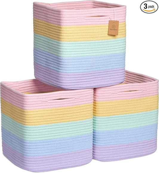 NaturalCozy Storage Cubes 11 Inch Cotton Rope Woven Baskets for Organizing, 3-Pack | Cube Storage Bin | Square Storage Baskets for Shelves Organizer, Classroom, Kids Toy Bins, Closet, Baby Nursery by NaturalCozy