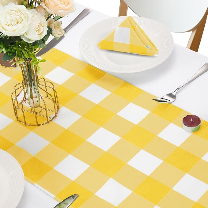 Cupuamon Fabric Checkered Table Runner 6 Pack Waterproof Gingham Table Runner 14W x 108L Buffalo Check Table Runners for Parties Kitchen Dining Wedding Banquet (Yellow and White) - Image 5