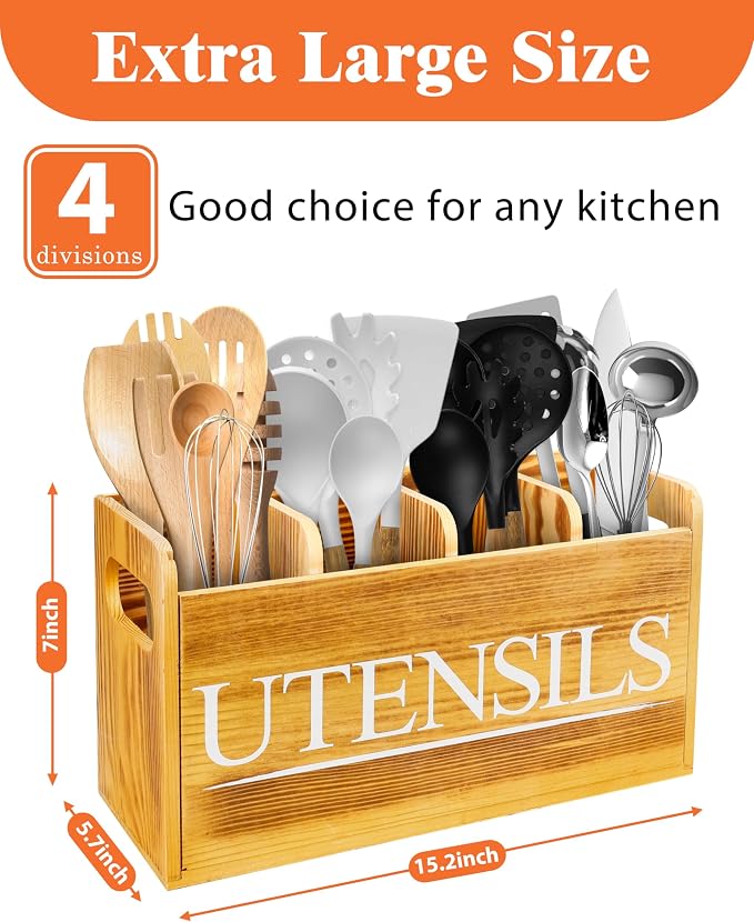 Kitchen Utensil Holder for Kitchen Counter Large Wooden Organizer for Cooking Utensils Utensil Holder Counter Farmhouse Décor (Farmhouse Wooden) - Image 6