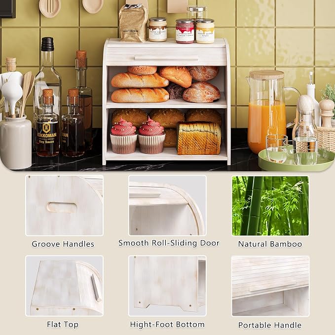 Trironsun Bamboo Roll Top Bread Box for Kitchen Countertop Large Capacity Bread Storage Bin 2 Layer Wooden Bread Storage Organizer Natural Breadbox for Food Storage (Antique White) - Image 8