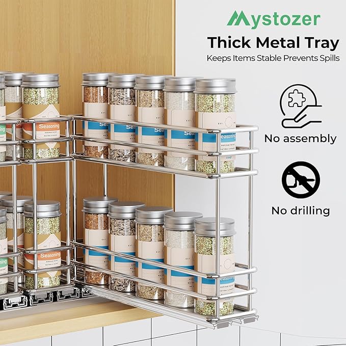 Mystozer Pull Out Spice Rack Organizer for Cabinet, Slide Out Spice Racks, Easy to Install Spice Cabinet Organizers, 7.4" Wx10.43 Dx8.26 H, 3 Drawers 2 Tiers(Silver) - Image 5