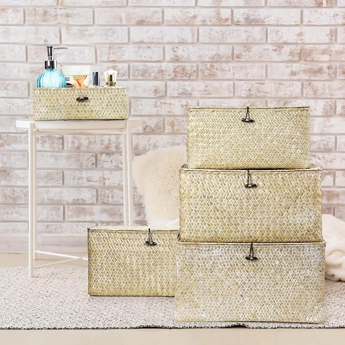 6 Pcs Seagrass Basket with Lid Wicker Storage Decorative Boxes with Lids Bin Woven Organizer for Shelf Closet Bedroom, 6 Sizes(Classic Style,White) - Image 6