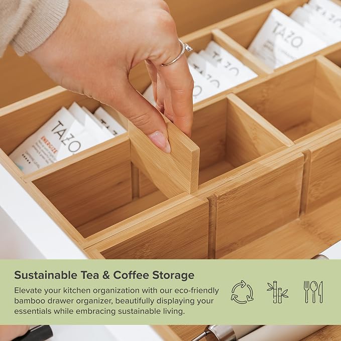 Tea Bag & Coffee Pod Organizer, Small, Bamboo | 9-compartment design, removable wall inserts, non-slip feet, sustainable bamboo - Image 5