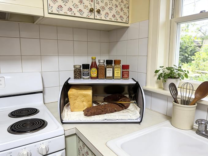 Metal Bread Box for Kitchen Countertop, White Roll Top Bread Bin | Stainless steel with smooth roll-top lid, the vintage bread box keeps homemade bread fresh while organizing countertop - Image 2