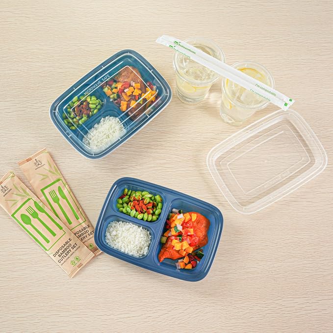 Asporto 26 Ounce Compartment Take Out Boxes, 100 Microwavable Meal Prep Containers - 3 Compartments, With Clear Plastic Lids, Midnight Blue Plastic Food Containers, Do Not Contain BPA - Restaurantware - Image 7