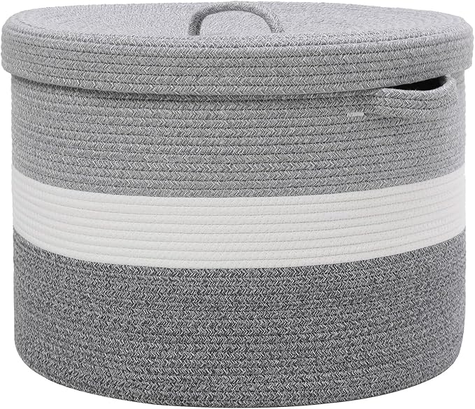 20x15 Inch Extra Large Round Cotton Rope Storage Basket with Lid, Decorative Woven Bin with Cover for Living Room Bedroom Closet, Dual Grey by Cottonphant