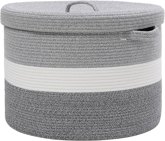 20x15 Inch Extra Large Round Cotton Rope Storage Basket with Lid, Decorative Woven Bin with Cover for Living Room Bedroom Closet, Dual Grey by Cottonphant