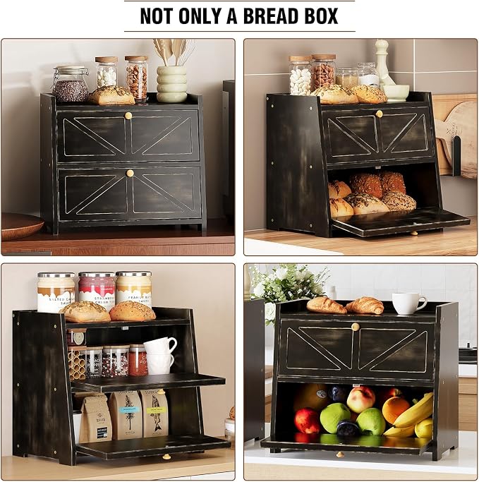 Trironsun Vintage Double Layer Bread Box for Kitchen Counter Bamboo Bread Storage Container Large Capacity Bread Storage Bin (Antique Black) - Image 8