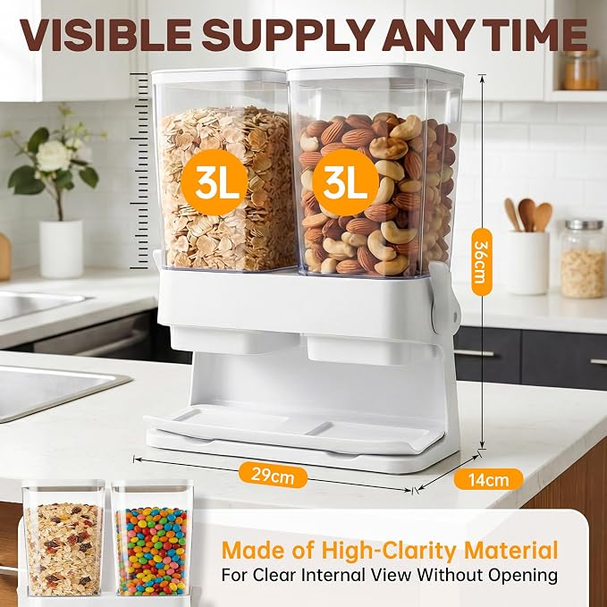 Cereal Dispenser Countertop 2 Pack 3L, 6L Large Dual Control | Airtight Cereal Containers Storage for Kitchen Pantry, Dry Food Dispenser for Cereal, Rice, Grains, Candy, Coffee Beans - Image 5