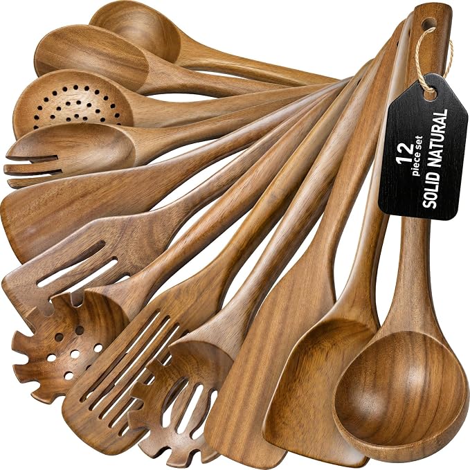 Wooden Spoons for Cooking, 12-Piece Teak Wood Kitchen Utensil Set, Nonstick Safe Wooden Spatulas and Spoons, Smooth Heat-Friendly Cooking Utensils for Everyday Meals (A12) by WOTTISH