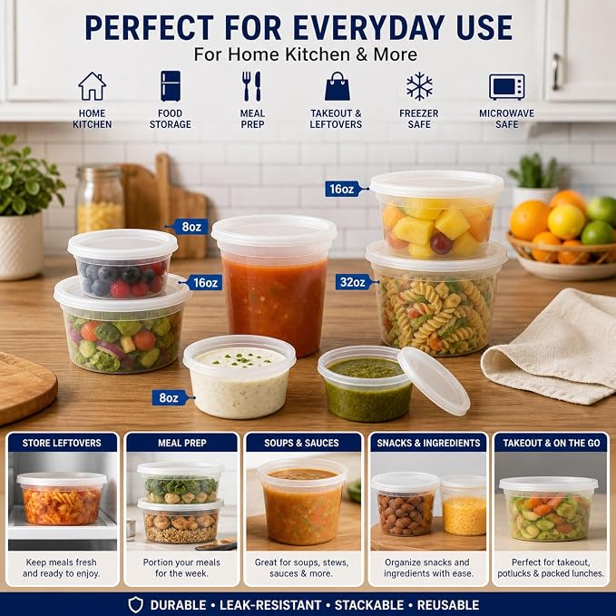 32 Oz Deli Containers with Airtight Lids | Heavy Duty BPA Free Food Storage Cups for Soup Meal Prep Slime Leftovers | Microwave Freezer Safe Reusable Round Containers | 48 Pack - Image 5