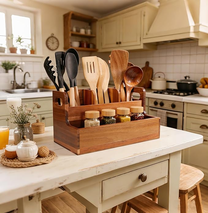 Kitchen Utensil Holder for Countertop with 4 Compartments Acacia Large Utensil Holder Wooden Storage for Cooking,Baking,Flatware Tool Kitchen Utensil Organizer. ﻿. - Image 5