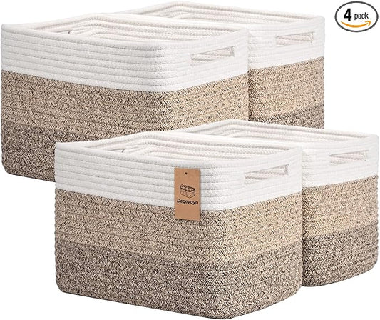 Storage Baskets for Organizing, 4 Pack Baskets for Shelves, Decorative Storage Bins for Shelves, Cotton Rope Storage Basket with Handles, Woven Basket for Storage, 13''Lx8.7''Wx7.9''H, Gradient Brown by Degeyoyo