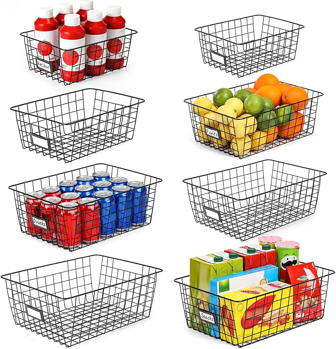 8 Set, Extra Large Wire Baskets for Organizing with Lables, Cabinet Pantry Organization and Storage Bins - Metal Basket for Kitchen, Laundry, Garage, Fridge, Bathroom Countertop Organizer, Black by VITEVER