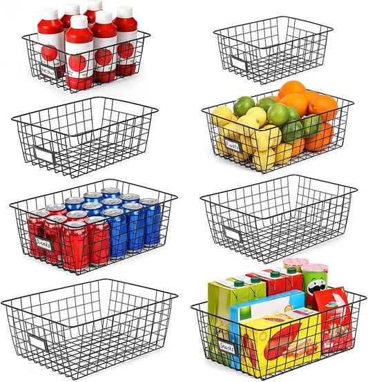 8 Set, Extra Large Wire Baskets for Organizing with Lables, Cabinet Pantry Organization and Storage Bins - Metal Basket for Kitchen, Laundry, Garage, Fridge, Bathroom Countertop Organizer, Black by VITEVER