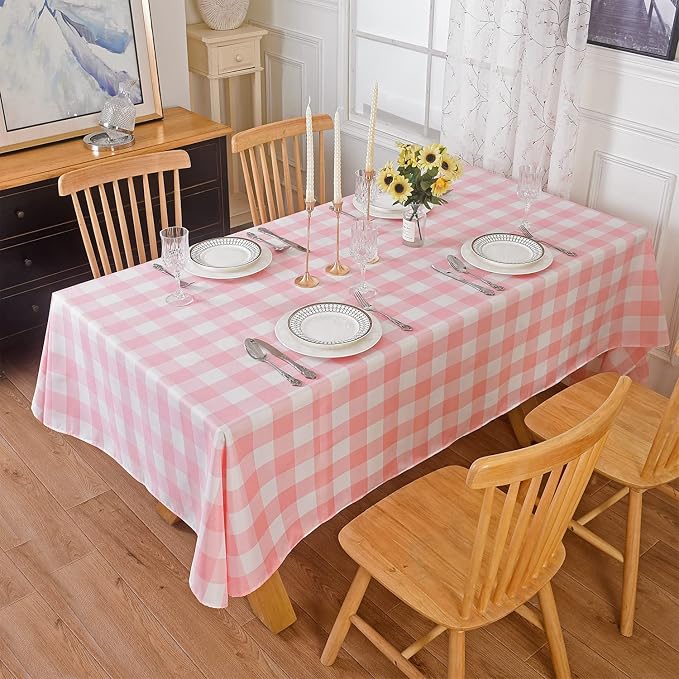 Cupuamon 2 Pack Waterproof Polyester Fabic Rectangle Checkered Tablecloth，60x84 Outdoor Table Cloth，Oil Stain Prevention Table Cloth for Pinics and Parties（Pink and White） by Cupuamon