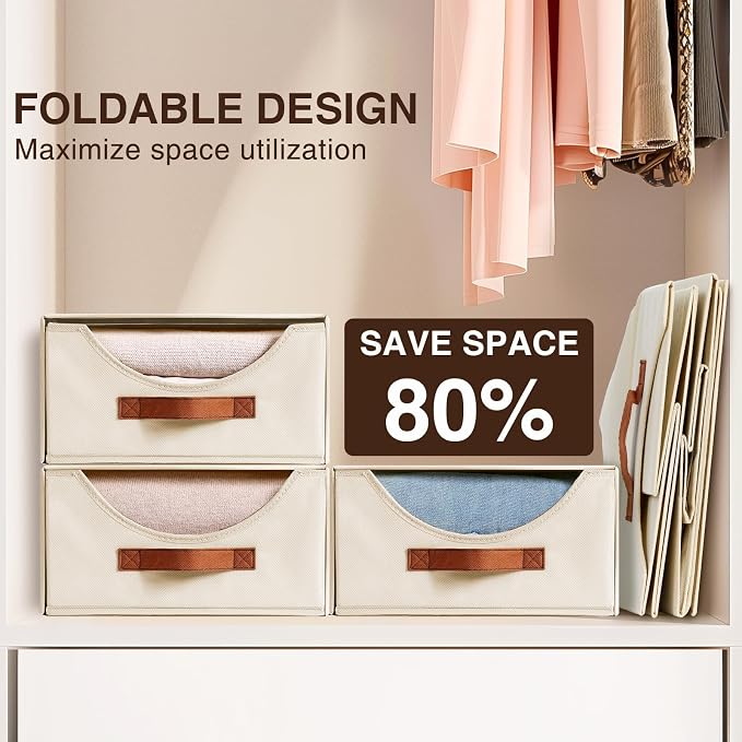 Large Closet Storage Bins with Drawer, Fabric Bins for Organization, Collapsible Storage Drawers Organizer for Bedroom, Living Room, 6 Pack, Beige - Image 7