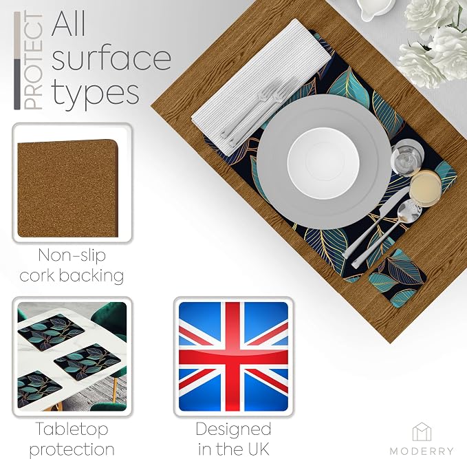 Set of 4 Heat Resistant Cork Placemats for Dining Table with Free Set of 4 Matching Drink Coasters Sage Green Marble Design 16 x 12 Inches Cork Backed Hard Placemats (Blue Gold Botanical) - Image 5