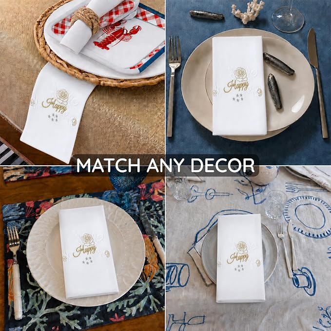 Cloth Napkins Set of 4, 20x20 inch, 100% Egyptian Cotton Hand Embroidered French Knot, Reusable & Machine Washable, Elegant Table Napkins for Dinner, Weddings, Parties (Rose-Happy) - Image 6