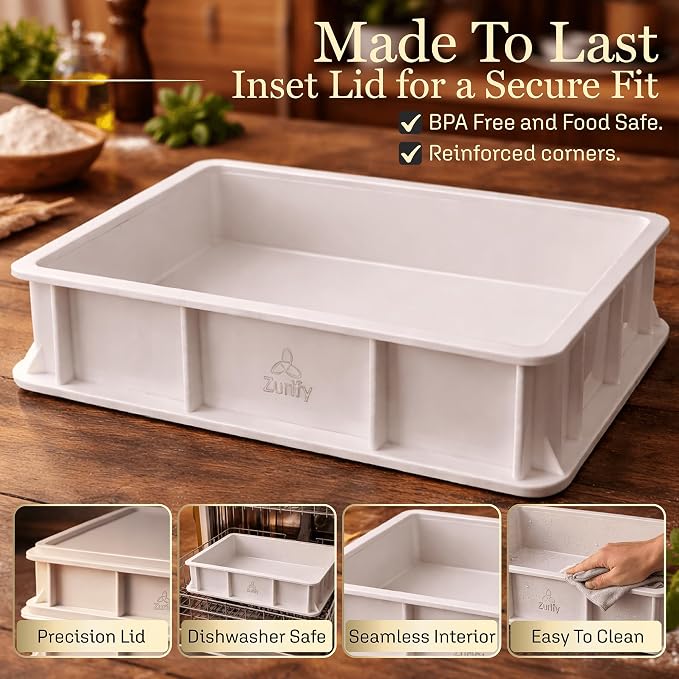 Pizza Dough Proofing Container Stackable Box 2-Pack With Lids by Zurify | 15.7 x 11.8 x 3.15in Stacks to 5.9in. Snug-Fit Lids Lock In Humidity 24-72Hr Cold Fermentation BPA Free Dishwasher Safe - Image 6