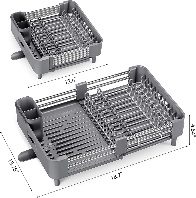 Urackify Extendable Stainless Dish Drying Rack for Kitchen Counter, Gray | 13.78"W x 18.7"L, Foldable Drainboard for Space Saving, Knife and Utensil Holder, Fast-draining Spout - Image 6