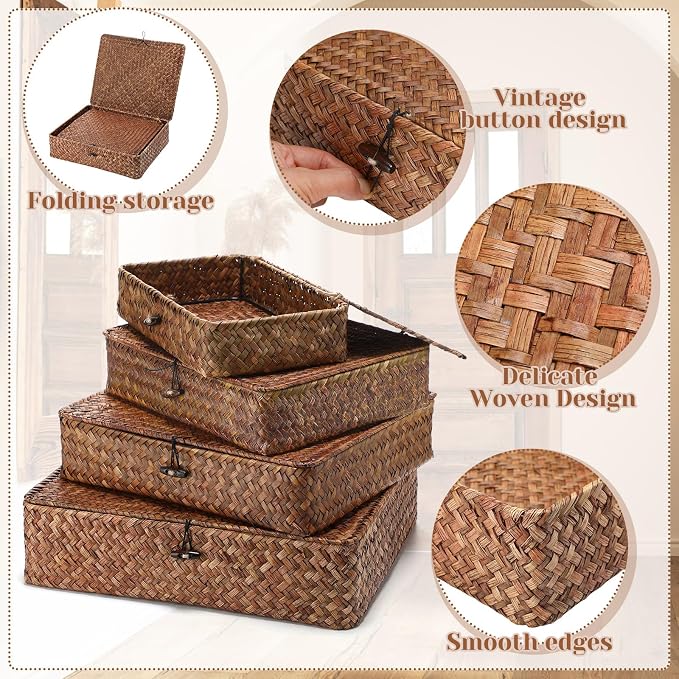 Didaey Set of 4 Seagrass Basket with Lid Wicker Storage Basket Decorative Storage Boxes with Lids Flat Storage Bins Woven Organizer Baskets for Shelf Closet Bedroom, 4 Sizes (Dark Brown) - Image 3