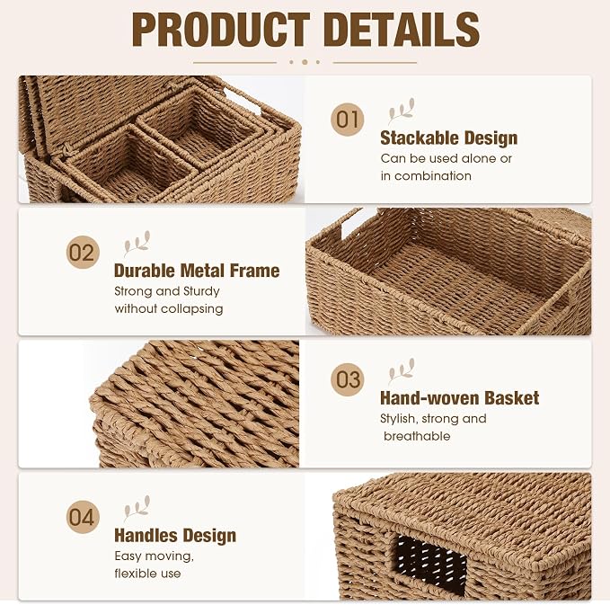 Yookeer 5 Pcs Woven Paper Rope Storage Baskets with Lid and Handles, Natural Color Large Storage Organizer with Labels, Stackable Rectangular Boho Decorative Baskets for Toys Shelves Bedroom - Image 4