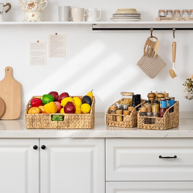 StorageWorks Water Hyacinth Basket Organizer, Pantry Storage Baskets,3-Pack | Wicker Baskets with Handles, Handwoven Shelf Baskets for Organizing, Handwoven Pantry Organizers and Storage, Pantry Baskets - Image 8