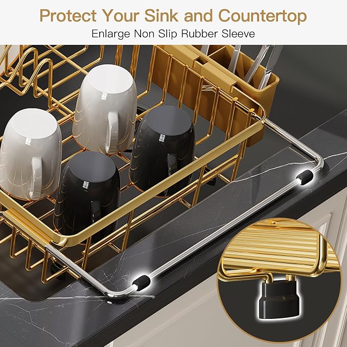 JASIWAY Gold Dish Drying Rack Over the Sink with Utensil Holder | Expandable Stainless Steel Dish Driainers for Small Kitchen, Counter Space Saving, Fast Drain, Rust Resistant, For Apartment - Image 7