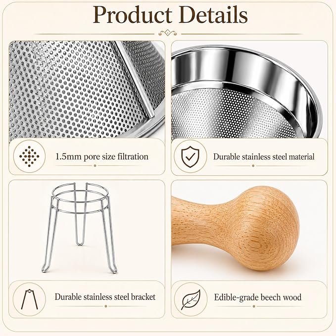 Chinois Strainer Set with Stand & Pestle, China Cap Strainer for Sauces | Stainless Steel Fine Mesh Cone Sieve for Soups, Stocks, Tomato Puree and Jam, with Stand and Wooden Pestle Included - Image 5