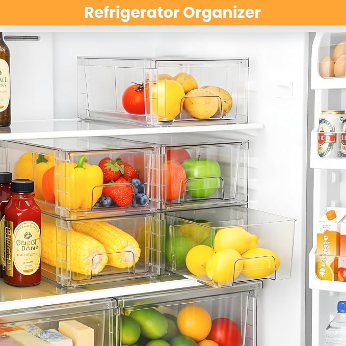 4 Pack Stackable Storage Drawers with Handles, Easy Assembly Clear Acrylic Fridge Organizer, Refrigerator Organizers and Storage for Kitchen, Under Sink, Pantry, Bathroom - Image 4