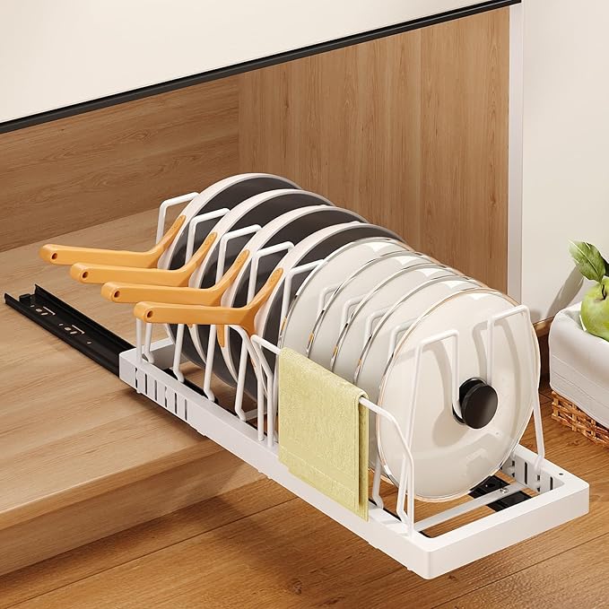 Mustorn Pots and Pans Organizer Under Cabinet, 21.6" Deep Pull Out Pot Lid Organizer Holder with Guardrail Adhesive Pot and Pan Holder Rack with 10 Adjustable Dividers-1 Pack(White) by MUSTORN