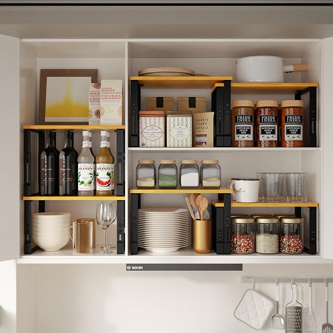 Adjustable Storage Shelves for Kitchen Cabinet Organization - Set of 2 Stackable Metal & Solid Wood Racks, Space-Saving Design for Countertop/Pantry/Garage, Easy Assembly(1 Pack/Large/Black) - Image 5