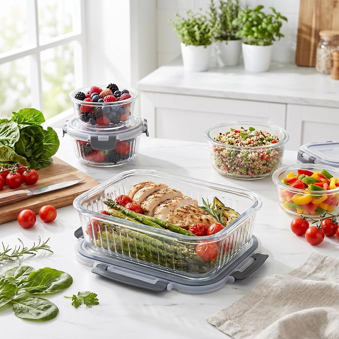Glass Food Storage Containers with Lids, 12 Piece Glass Meal Prep Containers Set, Airtight Leakproof Snap Lock Lids, BPA-Free, Freezer Microwave Oven Dishwasher Safe, Ribbed Glass Containers - Image 6