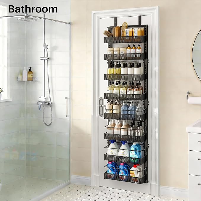 SNTD 8 Tiers Narrow Over the Door Organizer, 12.3"W x 4.7"D x 69"H, Black | Pantry Door Organizers and Storage, Height Adjustable Spice Rack, Dense Mesh Baskets, Anti-Swing, Adjustable Door Fastener - Image 5