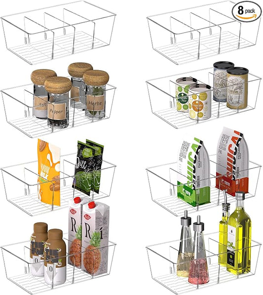 STARLATTA Kitchen Organizers and Storage Bins with Removable Dividers，8 Pack Clear Plastic Storage Bins，Fridge Organizer Bins Pantry Storage Containers for Fruits,Snacks,Tea Packets,Spice Packets by STARLATTA