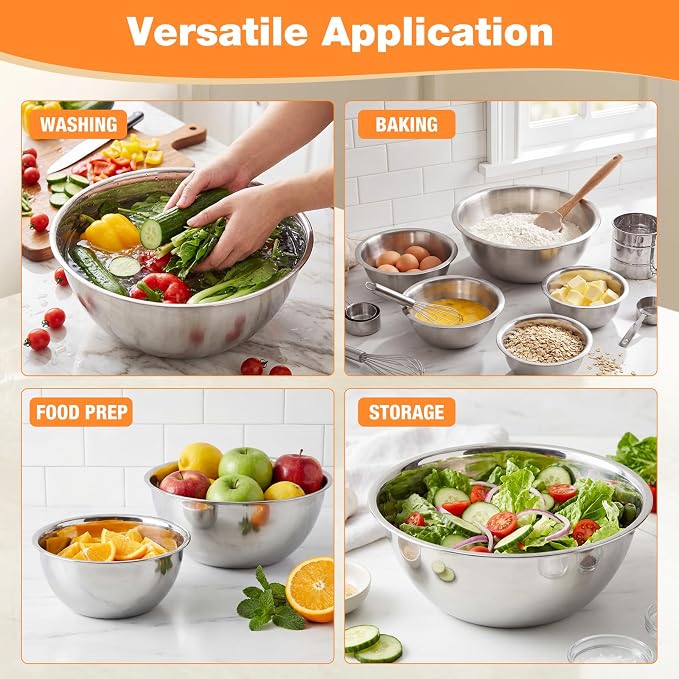Stainless Steel Mixing Bowls Set - 5-piece Polished Mirror Nesting Bowls 1.25, 2.75, 4.25, 6.25, 8 Quart Thickened Material Ideal for Kitchen, Cooking, Baking and Storage, Deep - Image 6