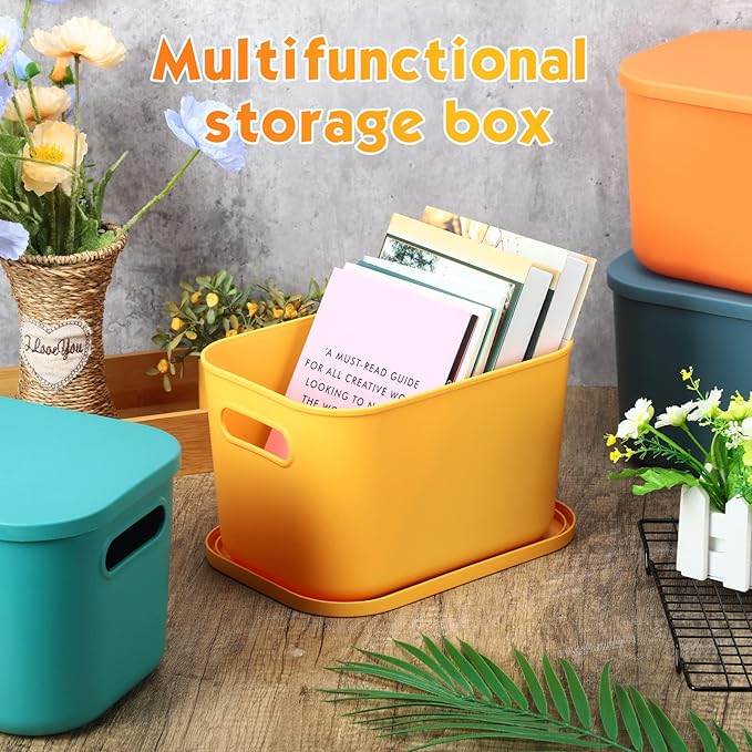 8 Pieces Colorful Storage Bins with Lid, Plastic Storage Basket Organizing Container Stackable Box with Handle for Shelves Desktop Playroom Office(10.2 x 7 x 6.3 Inch,Multi-colored) - Image 4