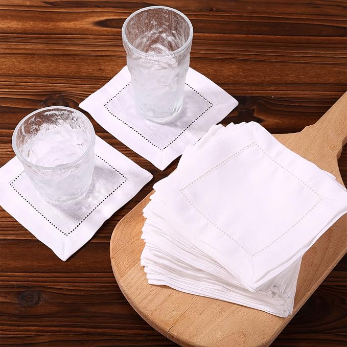 50pcs Linen Hemstitch Cocktail Napkins, 15x15cm/6x6in Reusable Square Cotton Fabric Cloth Beverage Napkins Suitable for Wedding Birthday Baby Shower Party Home Bar Supplies (White) - Image 3