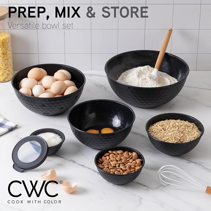 COOK WITH COLOR Mixing Bowls with Lids - 12 Piece Plastic Nesting Bowls Set includes 6 Prep Bowls and 6 Lids, Microwave Safe Mixing Bowl Set, Black Embossed - Image 7