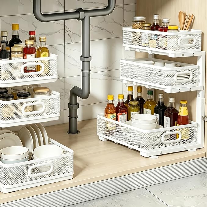 1 Pack 3 Tier Under Sink Organizer with Pull Out Drawer, Height Adjustable Heavy Duty Metal Under Cabinet Organizer, Smooth Sliding Storage Shelf for Kitchen, Bathroom Cabinet Organization, White - Image 6
