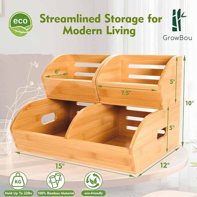 Stackable Bamboo Produce Storage Bin with Ventilation & Handles | 3 Pack, Natural Bamboo Finish, Stores Potato, Onion, Bread, Veggies & Fruits, Ideal For Kitchen Pantry & Home Cabinet Storage - Image 2