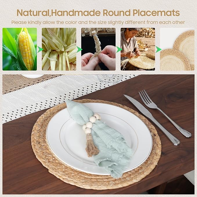 Placemats Set of 6,Natural Round Placemats with Table Runner & Napkin Rings | Made of Cotton Burlap and Corn Husk,Protective,Heat-Resistant,Non-Slip Boho Table Mats Fall Placemats for Dining Table Décor - Image 4