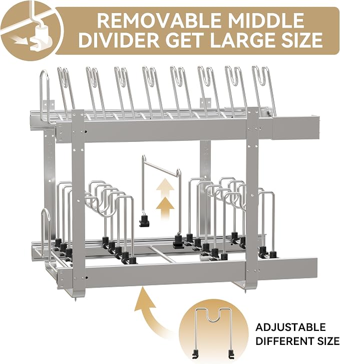 2-Tier Pots and Pans Organizer Under Cabinet Kitchen 15" W *22" D | Pull out Cabinet Organizer for Pots, Pans, and Lid Cookware, Adjustable Heavy Duty Wire Pan and Pot Rack, Full-Extension Rail - Image 4